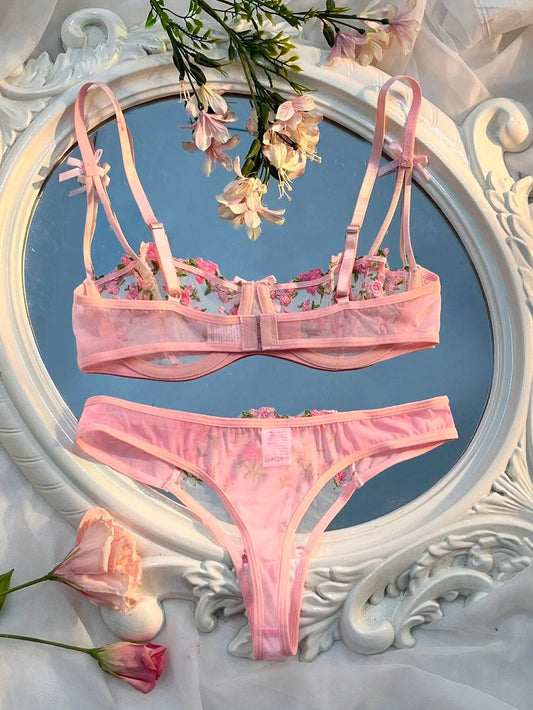 Sexy Lingerie Women Thin Transparent Lace See Through Female Erotic Underwear Bra And Panty Set Sleepwear Suit Embroidery Floral